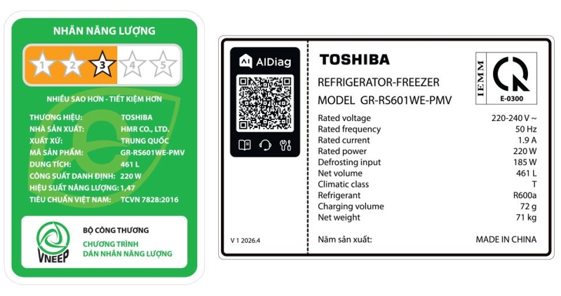 Tủ lạnh Toshiba Inverter 461 lít GR-RS601WE-PMV(06)-MG